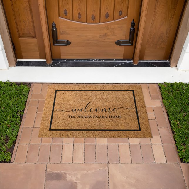 Modern Elegant Chic Script Family Name Welcome Doormat (Outdoor)
