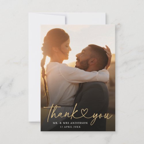 Modern Elegant Chic Script Heart Wedding Photo Thank You Card