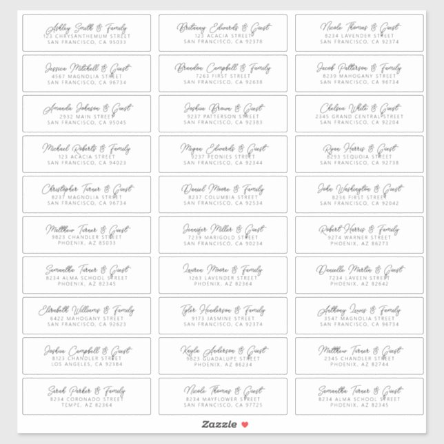 Modern Elegant Chic Wedding Guest Names Address Sticker (Sheet)