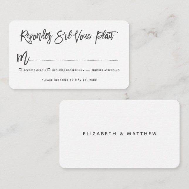 Modern Elegant Chic Wedding No Meal Option RSVP Note Card (Front/Back)