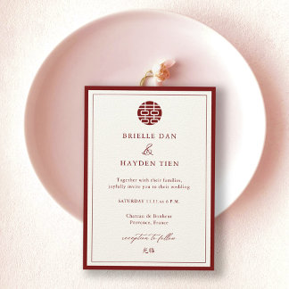 Modern Elegant Chinese Wedding Champagne Red Invitation