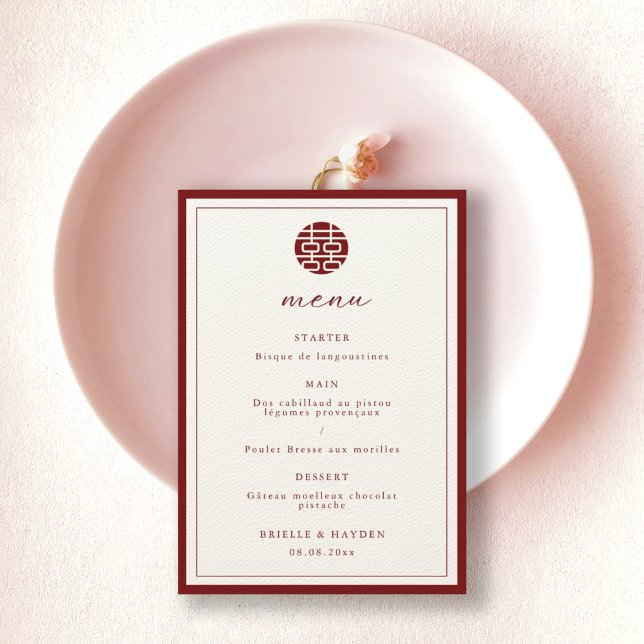 Modern Elegant Chinese Wedding Champagne Red Menu  Invitation (Creator Uploaded)