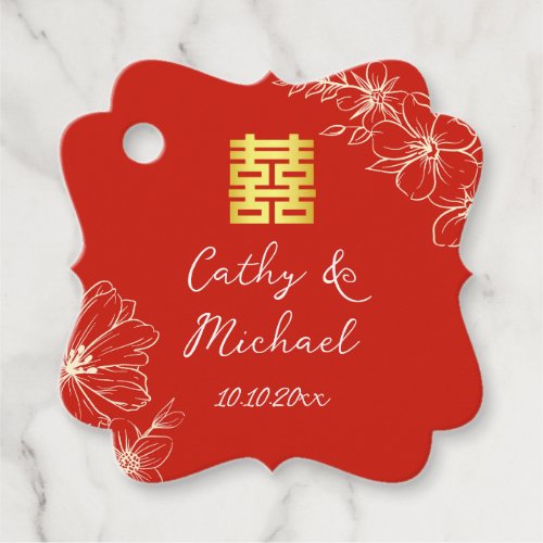 Modern elegant Chinese wedding floral script red Favor Tags