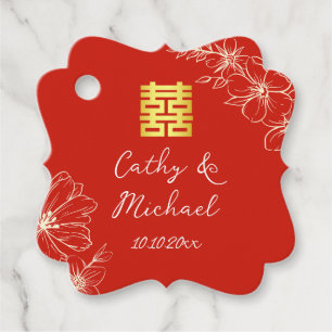 Modern elegant Chinese wedding floral script red Favor Tags