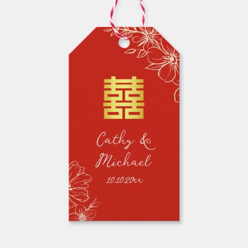 Modern elegant Chinese wedding floral script red Gift Tags