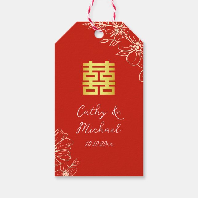 Modern elegant Chinese wedding floral script red Gift Tags (Front)