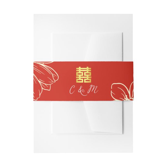Modern elegant Chinese wedding floral script red Invitation Belly Band (Front Example)