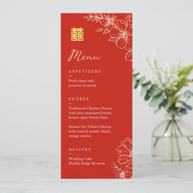 Modern elegant Chinese wedding floral script red Menu (Standing Front)