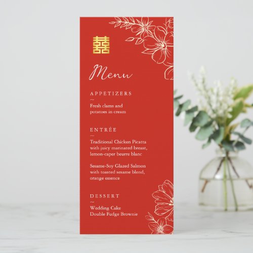 Modern elegant Chinese wedding floral script red Menu