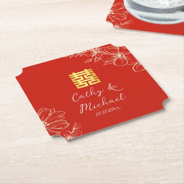 Modern elegant Chinese wedding floral script red Paper Coaster (Angled)