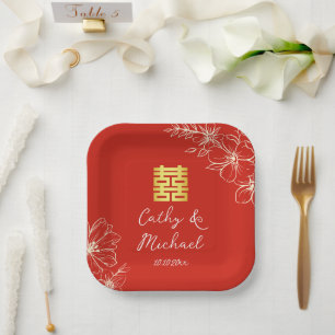 Modern elegant Chinese wedding floral script red Paper Plates