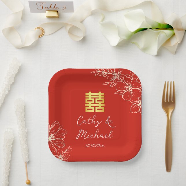 Modern elegant Chinese wedding floral script red Paper Plates (Wedding)