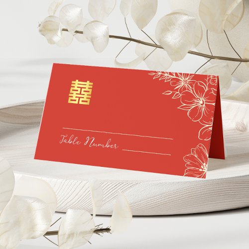 Modern elegant Chinese wedding floral script red Place Card