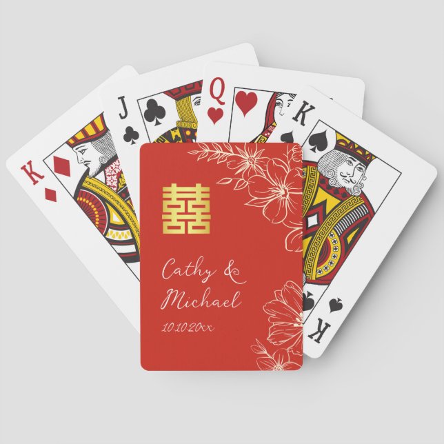 Modern elegant Chinese wedding floral script red Poker Cards (Back)