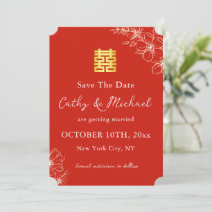 Modern elegant Chinese wedding floral script red Save The Date