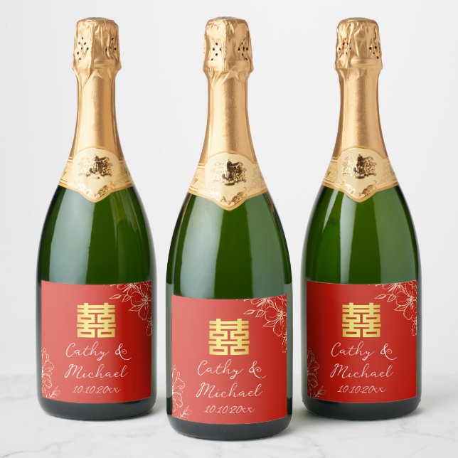 Modern elegant Chinese wedding floral script red Sparkling Wine Label (Bottles)