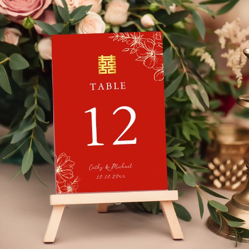 Modern elegant Chinese wedding floral script red Table Number
