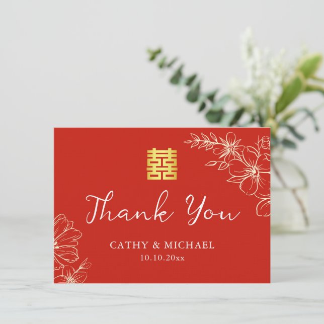 Modern elegant Chinese wedding floral script red Thank You Card (Standing Front)