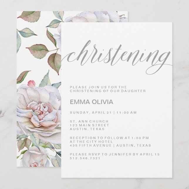 Modern Elegant Christening | Delicate Floral Back Invitation (Front/Back)