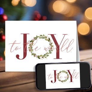 Modern Elegant Christmas Joy to the World Wreath Holiday Card