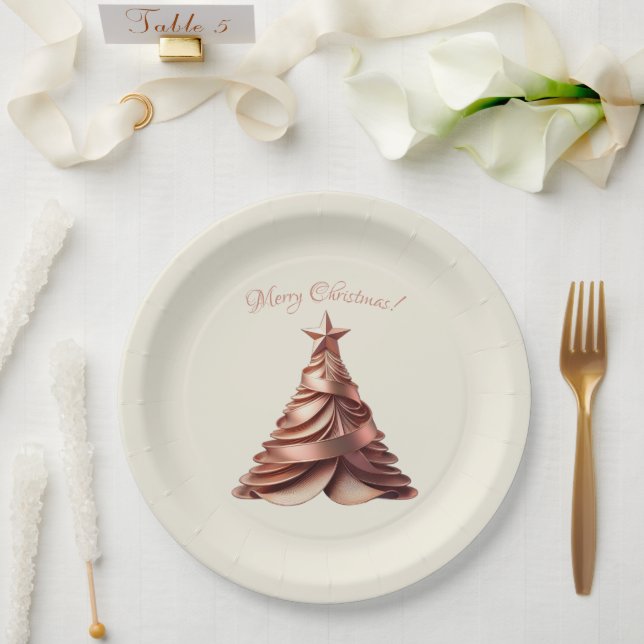 Modern Elegant Christmas Tree-Rose Gold Paper Plates (Wedding)