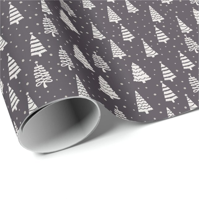 Modern Elegant Christmas Trees Snow Blue Gift Wrapping Paper (Roll Corner)
