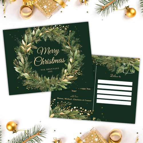 Modern Elegant Christmas Wreath Botanical Green Holiday Postcard