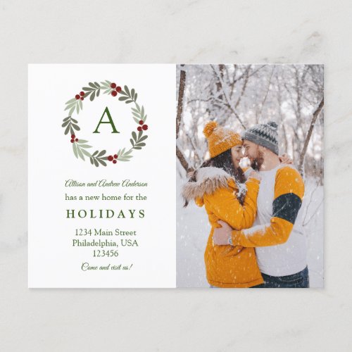 Modern Elegant Christmas Wreath Photo Moving Announcement Postcard