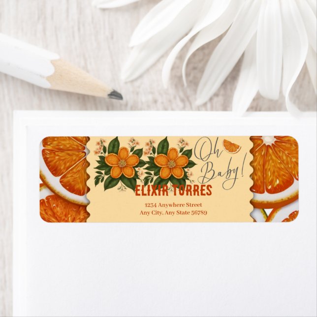 Modern Elegant Citrus Orange Baby Shower  Label (Insitu)