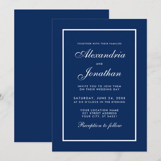 Modern Elegant Classic Blue Wedding Invitation (Front/Back)