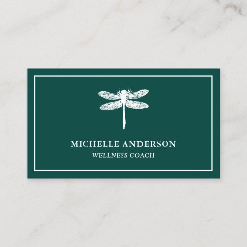 Modern Elegant Classic Green White Dragonfly Business Card