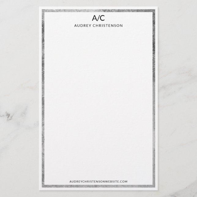 Modern elegant classic monogram silver frame stationery (Front)