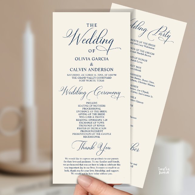 Modern Elegant Classy Wedding Ceremony Order Program (Modern Elegant Classy Wedding Ceremony Order Program Card in Navy Blue and ivory)