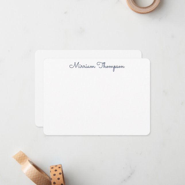 Modern Elegant Clean Girly Navy Blue Name Note Card (Front/Back In Situ)