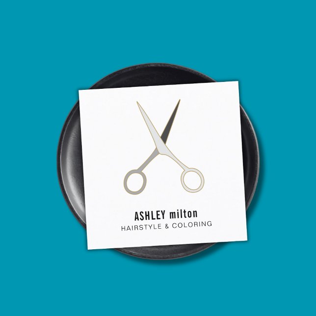 Modern Elegant Clean Scissors Hair Stylist Square Business Card (Creator Uploaded)