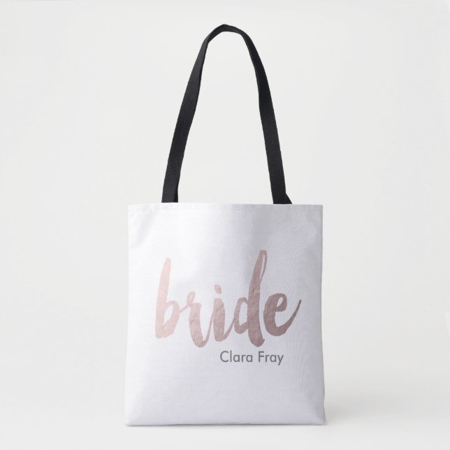 modern elegant clear faux rose gold "bride" tote bag (Front)