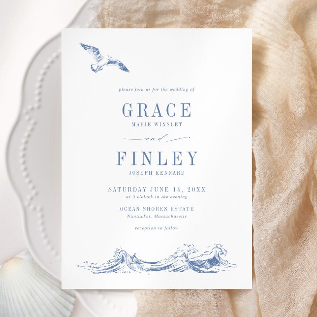 Modern Elegant Coastal Chic Blue Wedding Invitation (Creator Uploaded)