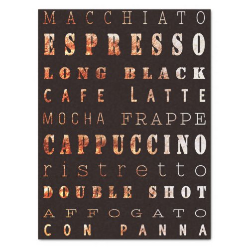 Modern Elegant Coffee Types Typography Brown Tissue Paper