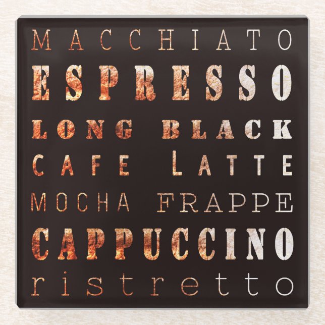 Modern Elegant Coffee Types Typography Glass Coaster (Front)