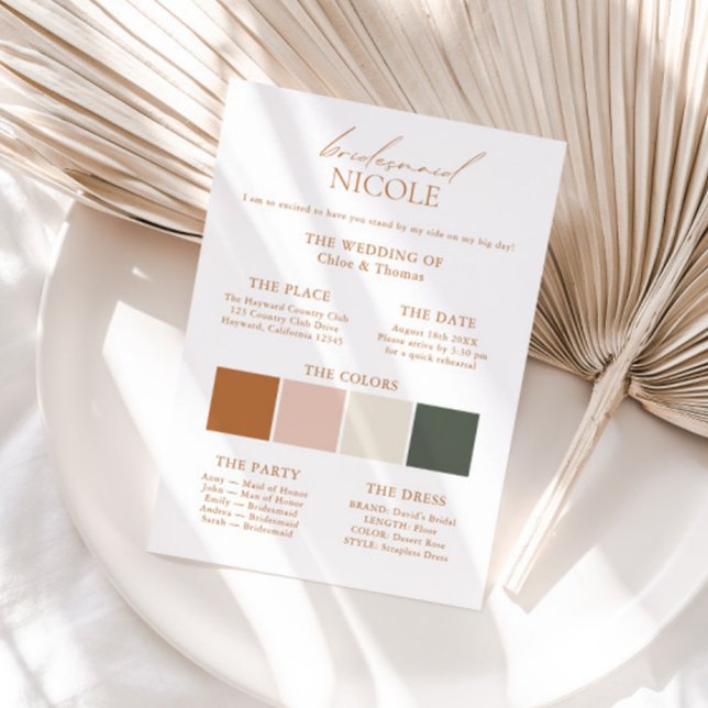 Modern Elegant Color Palette Bridesmaid Info Card (Creator Uploaded)