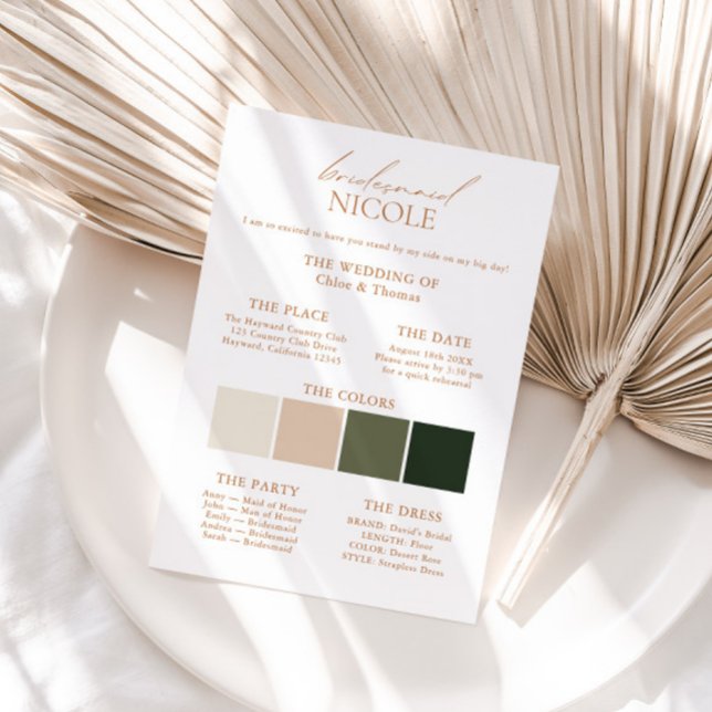 Modern Elegant Color Palette Bridesmaid Info Card (Creator Uploaded)