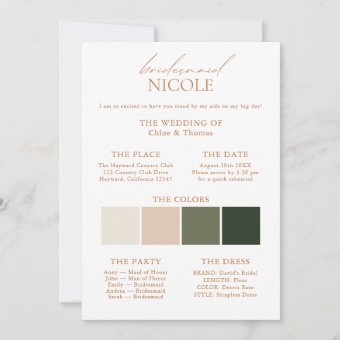 Modern Elegant Color Palette Bridesmaid Info Card | Zazzle