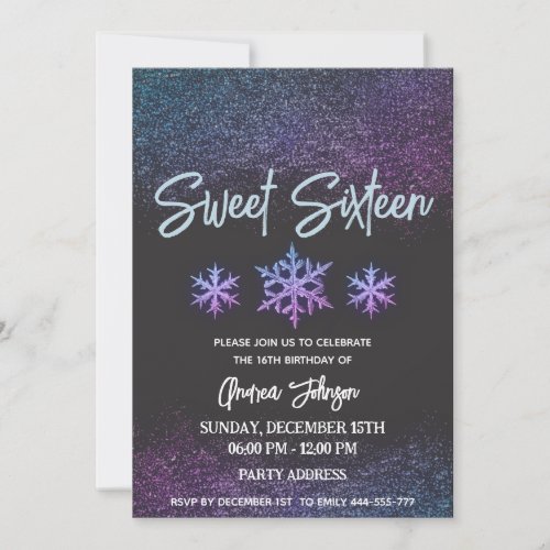 Modern elegant cool winter snowflakes sweet 16 invitation