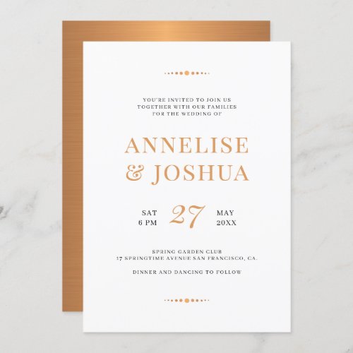 Modern elegant copper gold typography wedding invitation