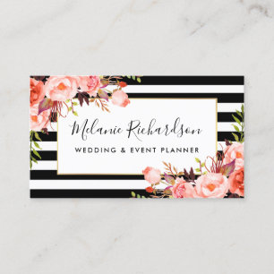 Modern Elegant Coral Floral Black Striped Business Card