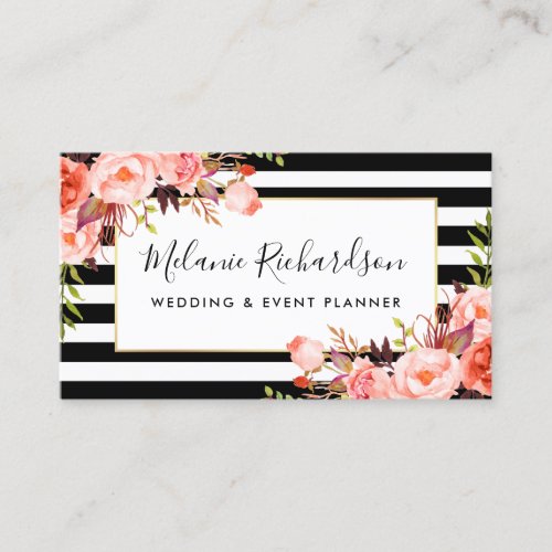 Modern Elegant Coral Floral Black Striped Business Card