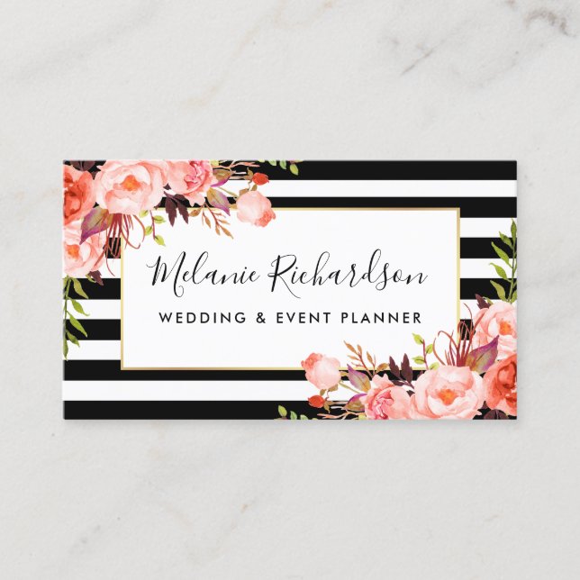 Modern Elegant Coral Floral Black Striped Business Card (Front)