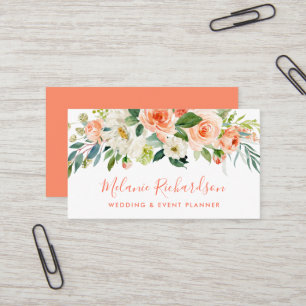 Modern Elegant Coral Floral Greenery Business Card
