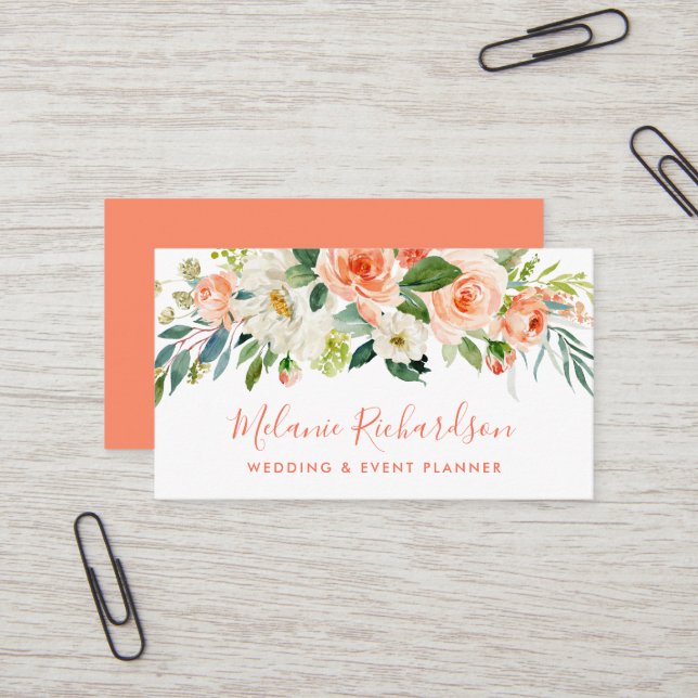 Modern Elegant Coral Floral Greenery Business Card (Front/Back In Situ)
