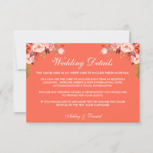 Modern Elegant Coral Floral Wedding Details Invitation